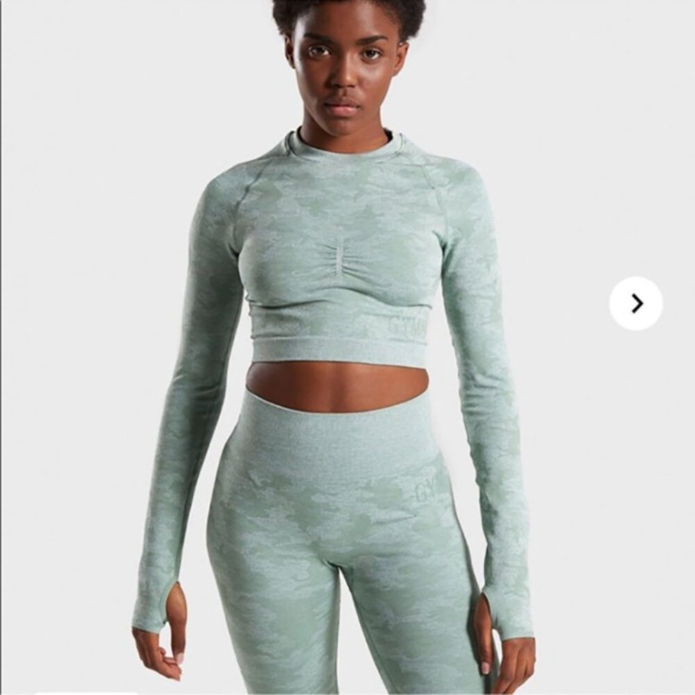 Gymshark Camo Green Seamless Long Sleeve Gym Crop Top size Large